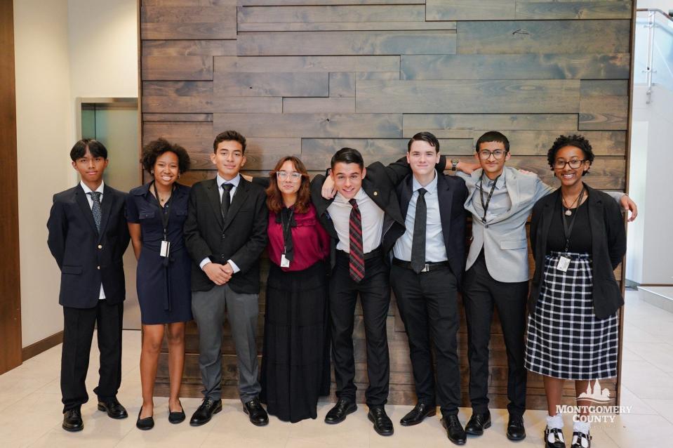Pictured Left to right in the group photo are Montgomery County students Lance Soberano, Kendal Baynham, Juan Garcia, Maria Prieto Cubillan, Nicholas Hohenstein, Adam Stover, Dev Shah, and Anijah Hatten.