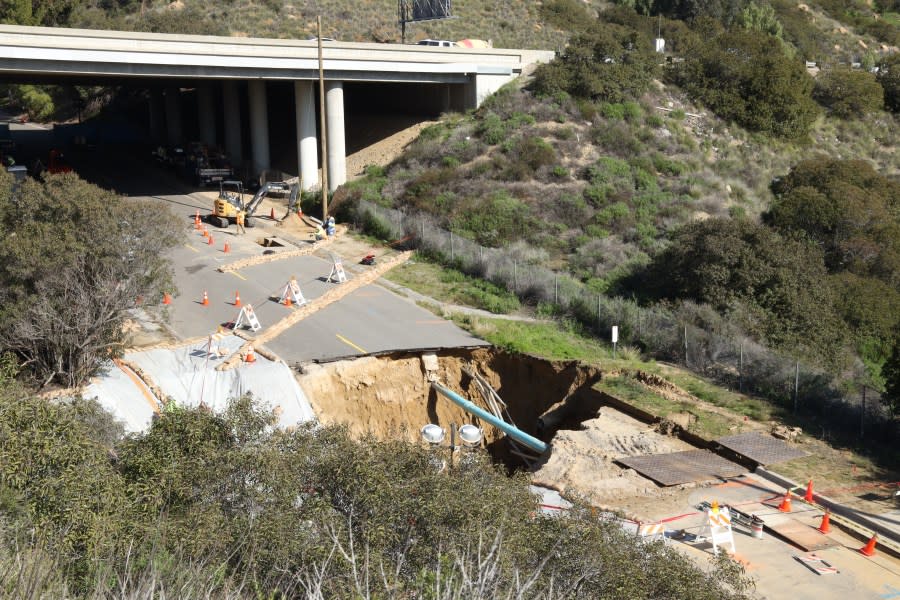 Photos from January 2023 show a sinkhole in Chatsworth that appeared following intense rains. (Caltrans)