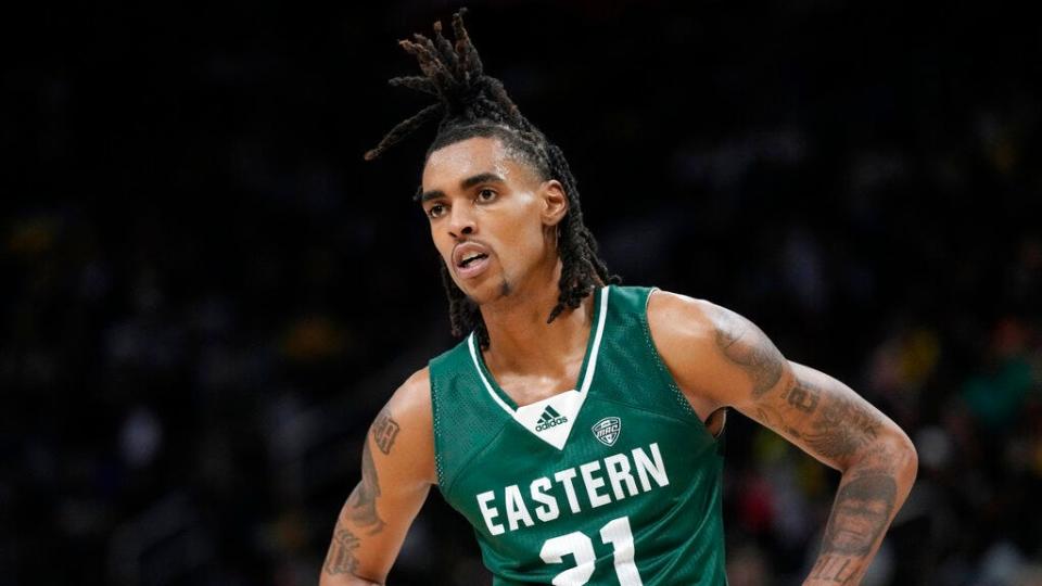 Eastern Michigan forward Emoni Bates plays during the second half of an NCAA college basketball game, Friday, Nov. 11, 2022, in Detroit. (AP Photo/Carlos Osorio)