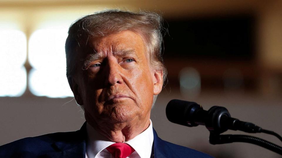 PHOTO: Former President and Republican presidential candidate Donald Trump reacts as he holds a campaign rally in Erie, Pa., on July 29, 2023. (Lindsay Dedario/Reuters)