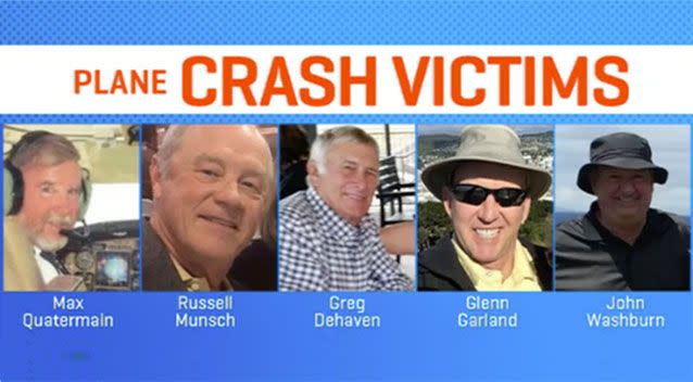 Pilot Max Quartermain, and US citizens Russell Munsch, Greg DeHaven, Glenn Garland and John Washburn, were all on board the aircraft when it crashed. Picture: 7 News.