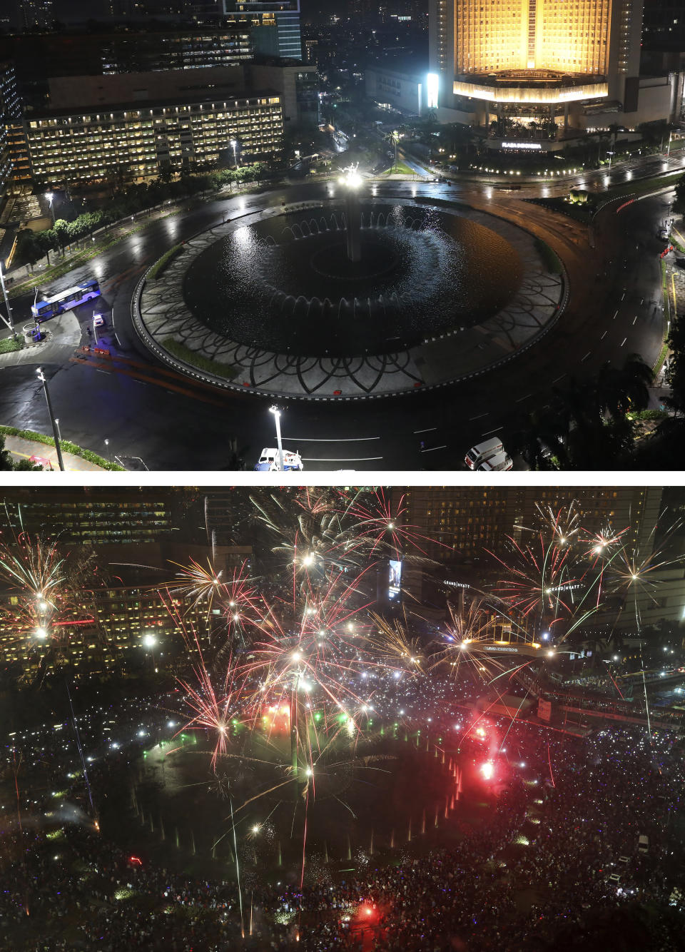 This combo image shows Hotel Indonesia Roundabout in Jakarta, a popular spot for New Year's Eve celebration, taken on Thursday, Dec. 31, 2020, top photo, and Saturday, Dec. 31, 2016, bottom photo. As the world says goodbye to 2020, there will be countdowns and live performances, but no massed jubilant crowds in traditional gathering spots like the Champs Elysees in Paris and New York City's Times Square this New Year's Eve. The virus that ruined 2020 has led to cancelations of most fireworks displays and public events in favor of made-for-TV-only moments in party spots like London and Rio de Janeiro. (AP Photo/Dita Alangkara, Tatan Syuflana)