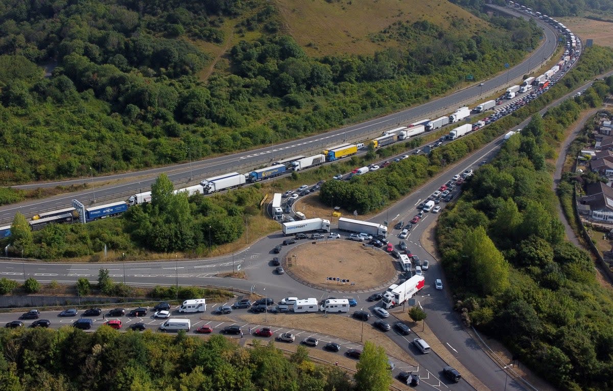 Traffic wasqueued on the M20 near Folkestone in Kent on Saturday as holidaymakers faced more gridlocked roads (Gareth Fuller/PA) (PA Wire)