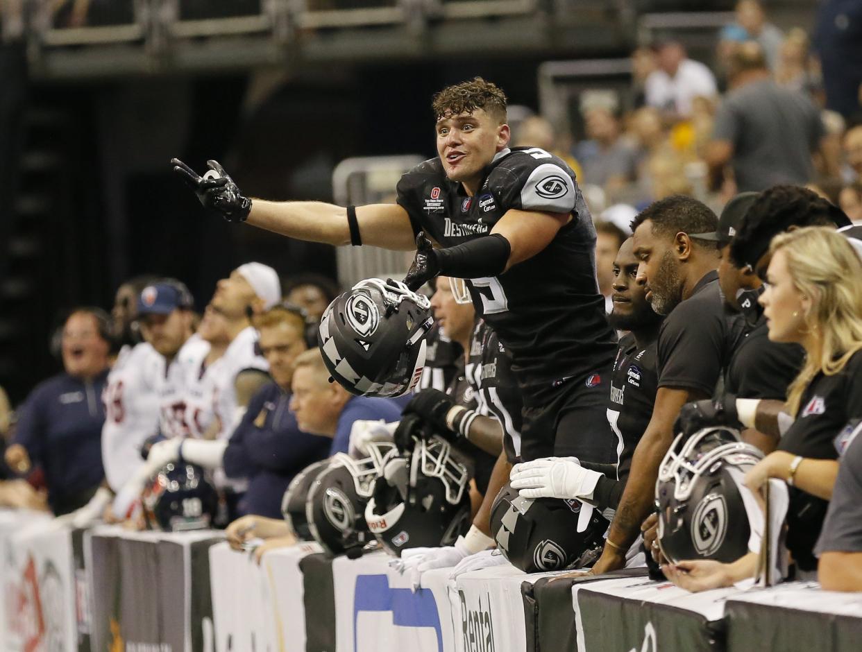 Wide receiver Fabian Guerra pleads to officials during the Columbus Destroyers final season of operation in 2019.