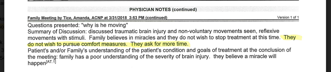 On March 31, 2018, Berman de Paz-Martinez’s parents met with a nurse practitioner and translator at JPS to talk about the 21-year-old’s treatment. According to JPS records, the nurse practitioner noted at the meeting that the family “believes in miracles” and did not want to stop treatment.