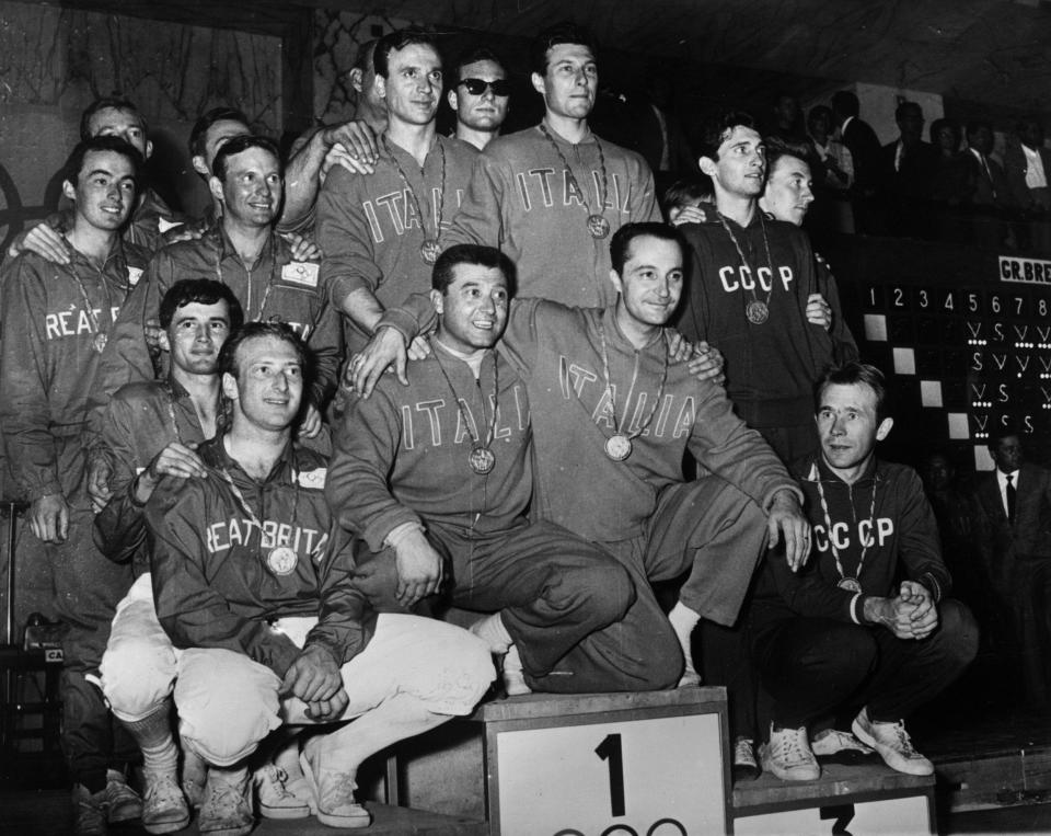 Jay, front left, on the team épée podium at the Rome Olympics in 1960 - Central Press/Getty Images