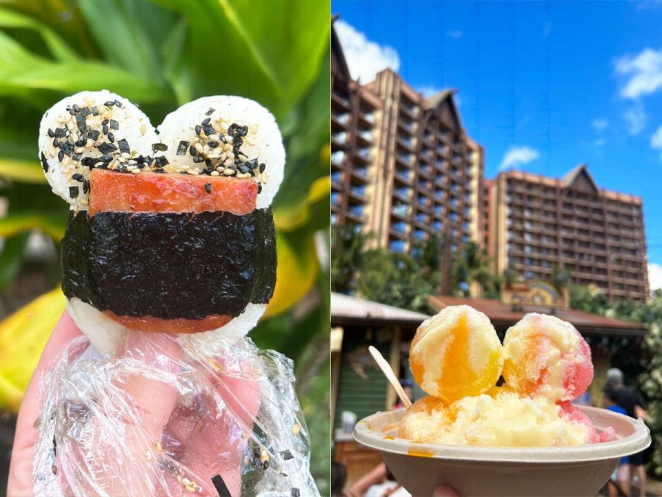 aulani musubi and shave ice (both shaped like mickey mouse)