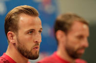 Soccer Football - World Cup - England Press Conference - Volgograd Arena, Volgograd, Russia - June 17, 2018 England's Harry Kane and manager Gareth Southgate during the press conference REUTERS/Ueslei Marcelino