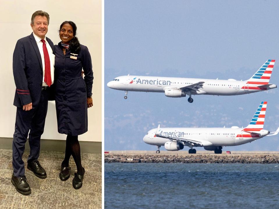 American Airline flight attendants Louis Rangel and Uma Arunachalam / American airlines planes are seen at San Francisco International Airport (SFO)