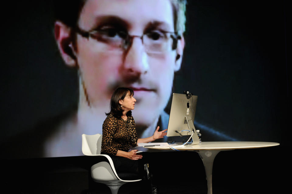 attends Edward Snowden Interviewed by Jane Mayer at the MasterCard stage at SVA Theatre during The New Yorker Festival 2014 on October 11, 2014 in New York City.