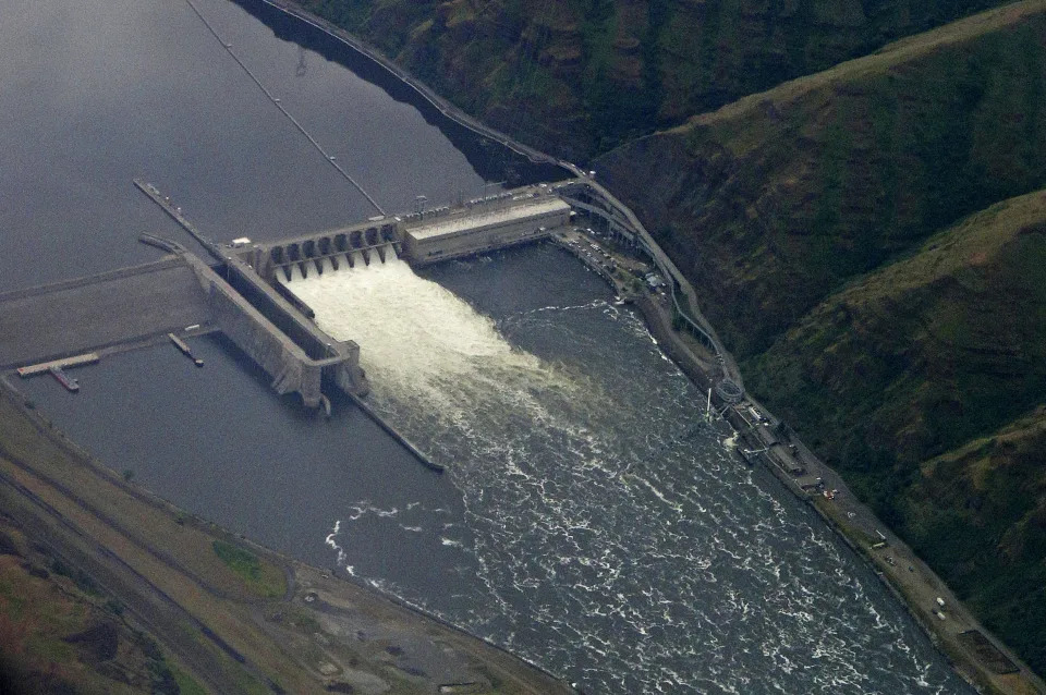 FILE - The Lower Granite Dam on the Snake River is seen from the air near Colfax, Wash., onMay 15, 2019. In the clearest sign yet that the U.S. will consider breaching four controversial dams on the Snake River to help salmon, a leaked administration document says the government is prepared to help build clean energy projects that would replace the power currently generated by the dams. (AP Photo/Ted S. Warren, File)