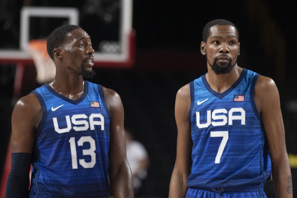 TOKYO, JAPAN - JULY 25:    Bam Adebayo #13 of the United States and  Kevin Durant #7 of the United States in action during the USA V France basketball preliminary round match at the Saitama Super Arena at the Tokyo 2020 Summer Olympic Games on July 25, 2021 in Tokyo, Japan. (Photo by Tim Clayton/Corbis via Getty Images)