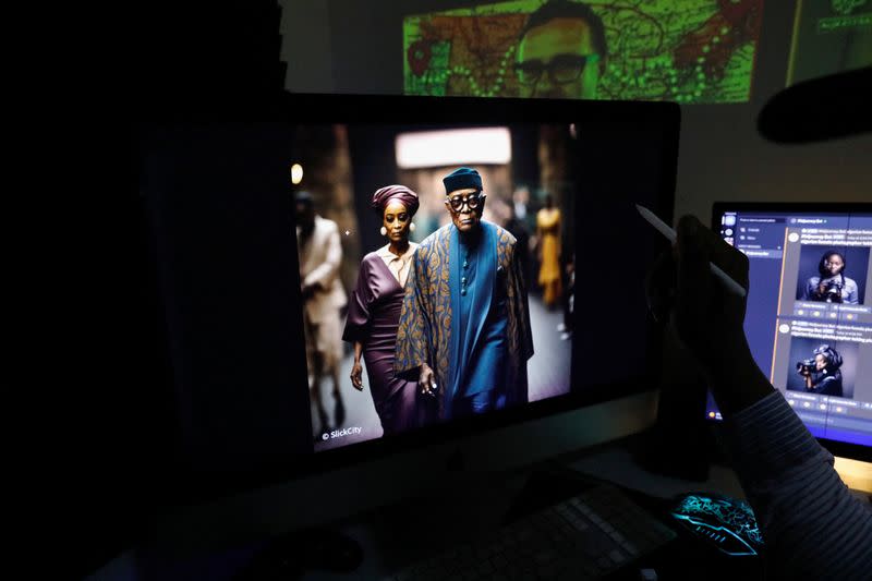 Nigerian artist Malik Afegbua creates hyper-realistic pictures of African elderly people, using artificial intelligence, at his home in Lagos