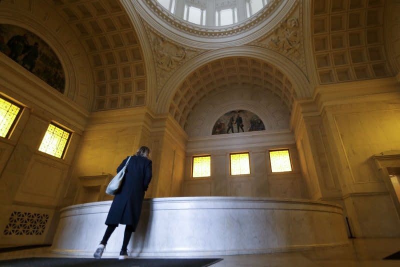 Visitors look into the well that holds the vaults containing the remains of President Ulysses S. Grant and his wife Julia at Grant's Tomb in New York City on February 19. On March 9, 1864, Grant was appointed commander in chief of Union forces in the U.S. Civil War. Photo by John Angelillo/UPI