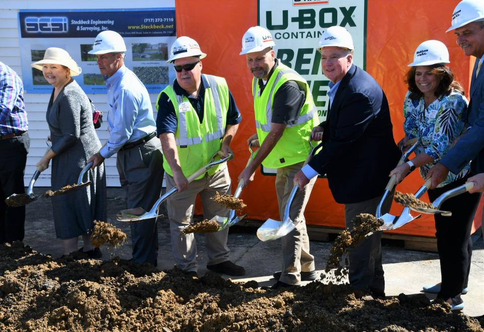 U-Haul owner representative Jeff Levengood and Area District Vice President Mike Zemba were joined by Lebanon County officials to break ground on construction for a new storage facility on Cumberland Street Thursday.