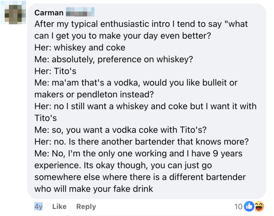 Text from an online conversation joking about ordering a drink with Tito's vodka at a bar