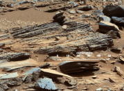 This image from the Mast Camera (Mastcam) on NASA's Mars rover Curiosity shows inclined layering known as cross-bedding in an outcrop called "Shaler" on a scale of a few tenths of meters, or decimeters (1 decimeter is nearly 4 inches). Image re