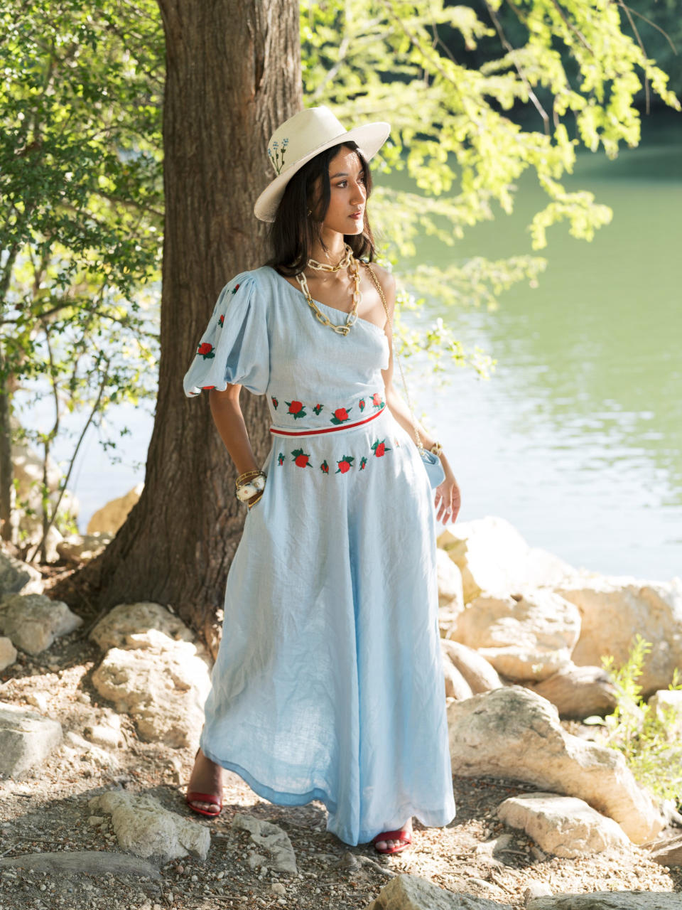 At HerStory, Fanm Mon’s embroidered jumpsuit, Corazon Playero’s hat, Alma Caso’s bag and shoes and Akola jewelry.