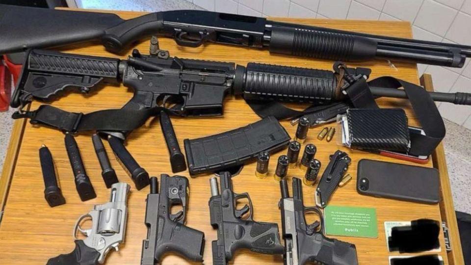 Police said they found these guns on the person of the man who was armed inside an Atlanta Publix on March 24: a Taurus G3C 9x19mm pistol, a Mossberg MC2C 9x19mm, a Glock 43 9x19mm, a Taurus 856 .38 special revolver, a DPMS AR-15 style rifle, and a Maverick Arms Modell 88 12 gauge shotgun. / Credit: Atlanta Police Department