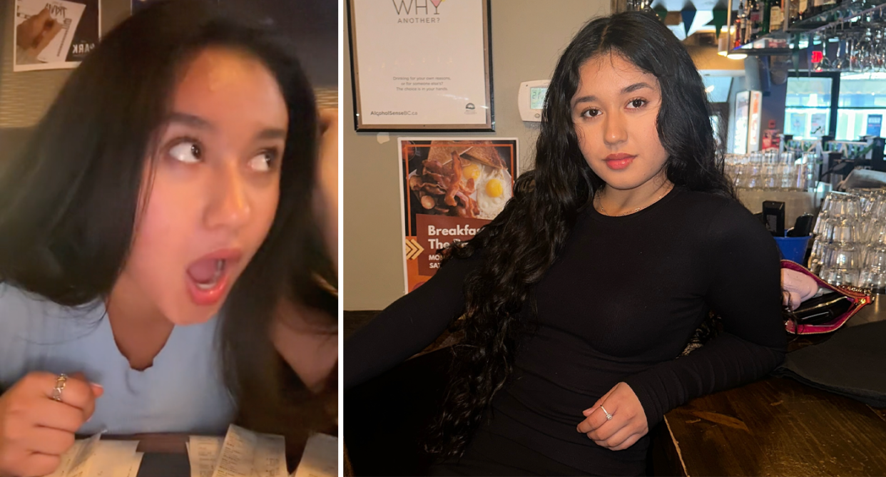 Canadian waitress Zarya looks away from the camera with her mouth open in shock (left). The waitress sits on a bar stool with stacked glasses and alcohol behind her in a hospitality venue (right). 