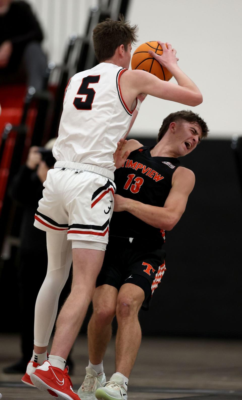 Jaxon Johnson is called for the charge against Timpview’s Eli St. Clair during the boys basketball game Wednesday, Jan. 18, 2023 at Alta High School in Sandy. | Chuck Wing, Deseret News