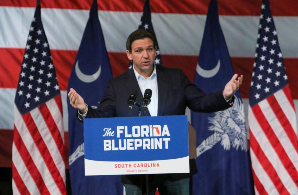 Florida Gov. Ron DeSantis speaks during a tour at North Baptist Church in Spartanburg, South Carolina, on Wednesday, April 19, 2023.