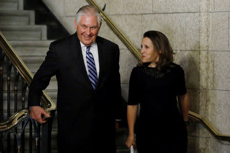 U.S. Secretary of State Rex Tillerson and Canada's Foreign Minister Chrystia Freeland arrive at a news conference on Parliament Hill in Ottawa, Ontario, Canada, December 19, 2017. REUTERS/Blair Gable