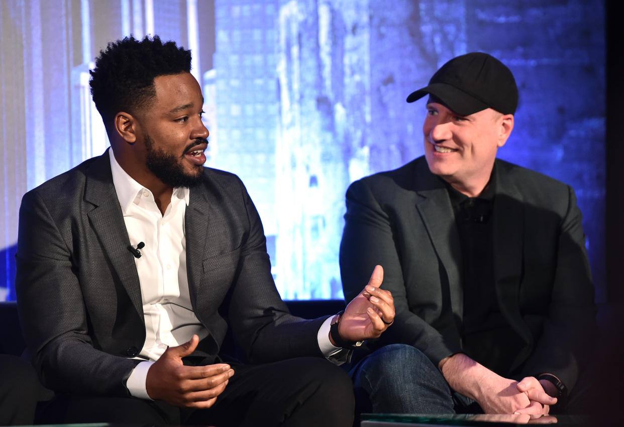 "Black Panther" director Ryan Coogler (left) sits with Marvel Studio president Kevin Feige to discuss&nbsp;the blockbuster film in January in Beverly Hills, California. (Photo: Alberto E. Rodriguez via Getty Images)