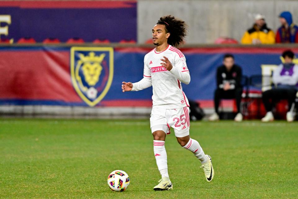 Mar 30, 2024; Sandy, Utah, USA; St. Louis CITY SC midfielder Aziel Jackson (25) dribbles the ball during the first half against Real Salt Lake at America First Field. Mandatory Credit: Christopher Creveling-USA TODAY Sports