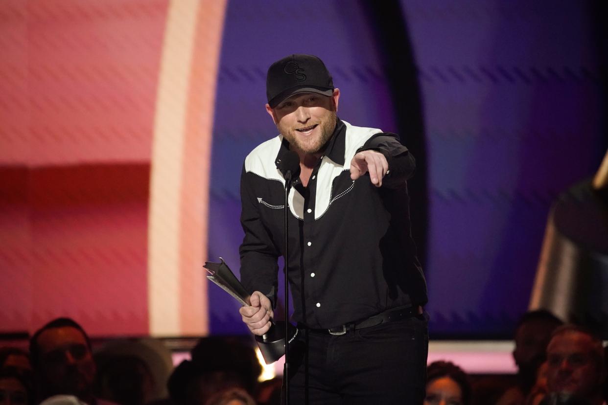 FILE - Cole Swindell accepts the award for Single of the Year during the 58th ACM Awards on Thursday, May 11, 2023. Swindell will headline this year's Rock Fore! Dough Concert in Evans.