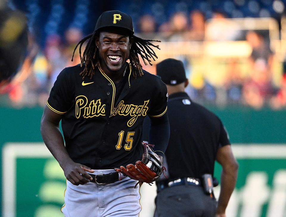 Oneil Cruz reacts in the field during Monday's game in Washington.