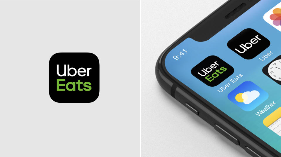 The Uber Eats app icon alone, and among other app icons on a smartphone