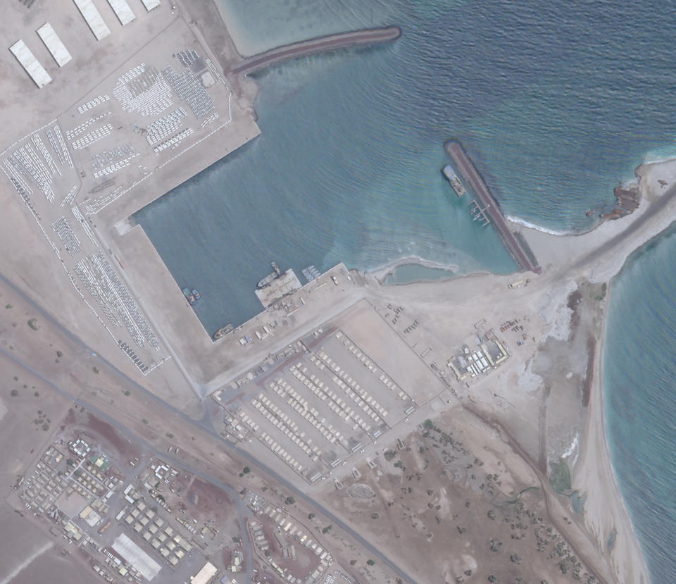 A June 12, 2019, satellite photo from Planet Labs Inc. shows what appears to be barracks at a port at an Emirati military base in Assab, Eritrea. The United Arab Emirates is dismantling parts of a military base it runs in the East African nation of Eritrea after it pulled back from the grinding war in nearby Yemen, satellite photos analyzed by The Associated Press show. (Planet Labs Inc. via AP)