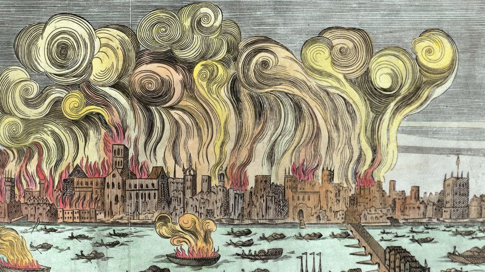 This woodcut, later colorized, shows the Great Fire of London in 1666 by English School.  - Museum of London, UK