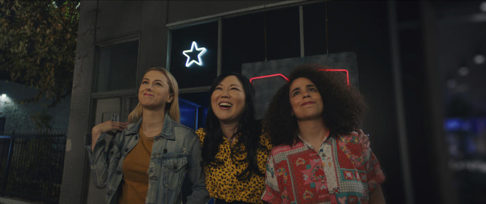 This image released by Netflix shows Iliza Shlesinger, from left, Margaret Cho and Kimia Behpoornia in a scene from "Good On Paper." (Netflix via AP)