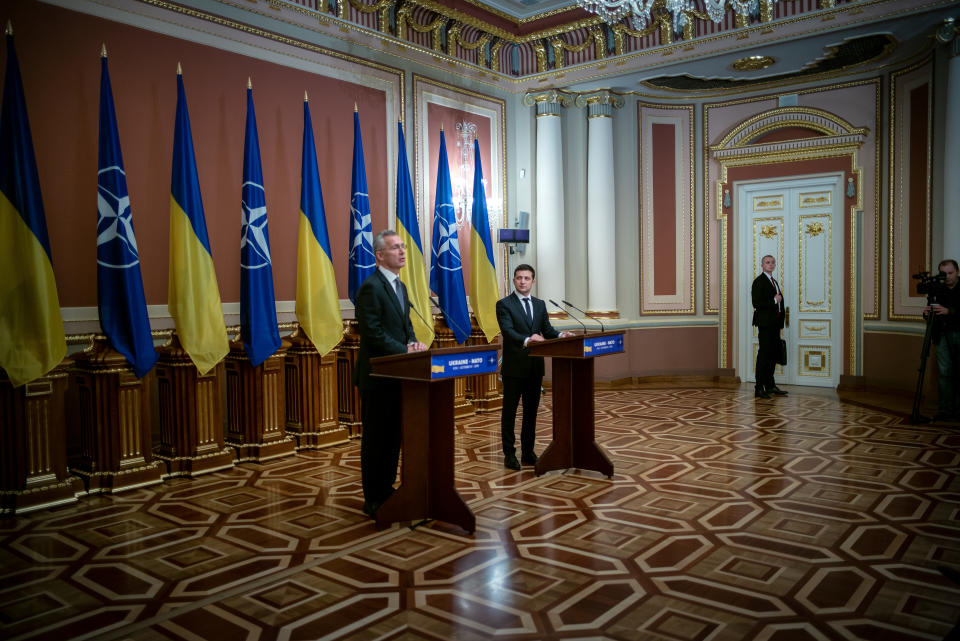 NATO Secretary-General held a meeting of the NATO-Ukraine Commission with President of Ukraine Volodymyr Zelensky on October 31, in Kiev. (Photo: Agron Dragaj for Yahoo News)