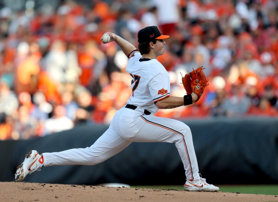 Oklahoma State's Sam Garcia (27) throws a pitch during the college Bedlam baseball game between Oklahoma State University Cowboys and the University of Oklahoma Sooners at O'Brate Stadium in Stillwater, Okla., Friday, April 5, 2024.