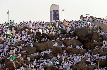 Muslim pilgrims gather on Mount Mercy on the plains of Arafat during the annual haj pilgrimage, outside the holy city of Mecca, Saudi Arabia September 11, 2016. REUTERS/Ahmed Jadallah