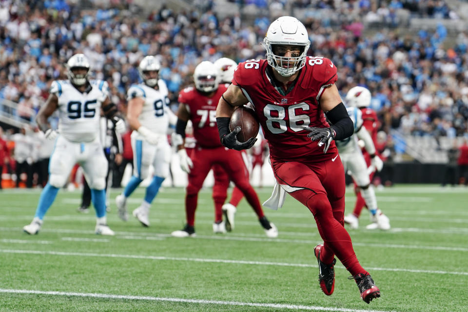 Arizona Cardinals tight end Zach Ertz runs for a touchdown against the Carolina Panthers during the second half of an NFL football game on Sunday, Oct. 2, 2022, in Charlotte, N.C. (AP Photo/Jacob Kupferman)