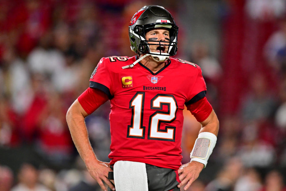 TAMPA, FLORIDA - DECEMBER 05: Tom Brady #12 of the Tampa Bay Buccaneers warms up prior to the game against the New Orleans Saints at Raymond James Stadium on December 05, 2022 in Tampa, Florida. (Photo by Julio Aguilar/Getty Images)