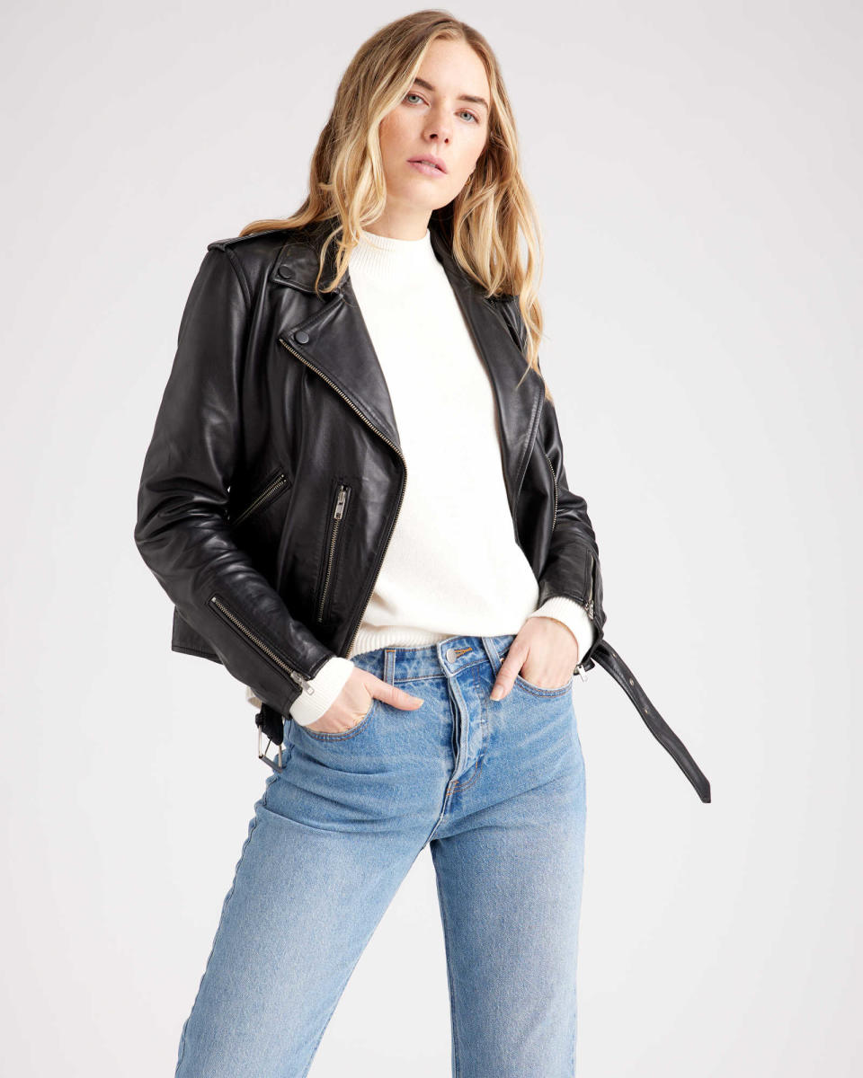 <p><a href="https://go.redirectingat.com?id=74968X1596630&url=https%3A%2F%2Fwww.quince.com%2Fwomen%2Fleather-biker-jacket%3Fcolor%3Dblack%26tracker%3DlandingPage__search_section__search_results&sref=https%3A%2F%2Fwww.thepioneerwoman.com%2Ffashion-style%2Fg40873262%2Fleather-jackets-for-women%2F" rel="nofollow noopener" target="_blank" data-ylk="slk:Shop Now;elm:context_link;itc:0;sec:content-canvas" class="link ">Shop Now</a></p><p>100% Leather Motorcycle Jacket</p><p>quince.com</p><p>$149.90</p><span class="copyright">Quince</span>