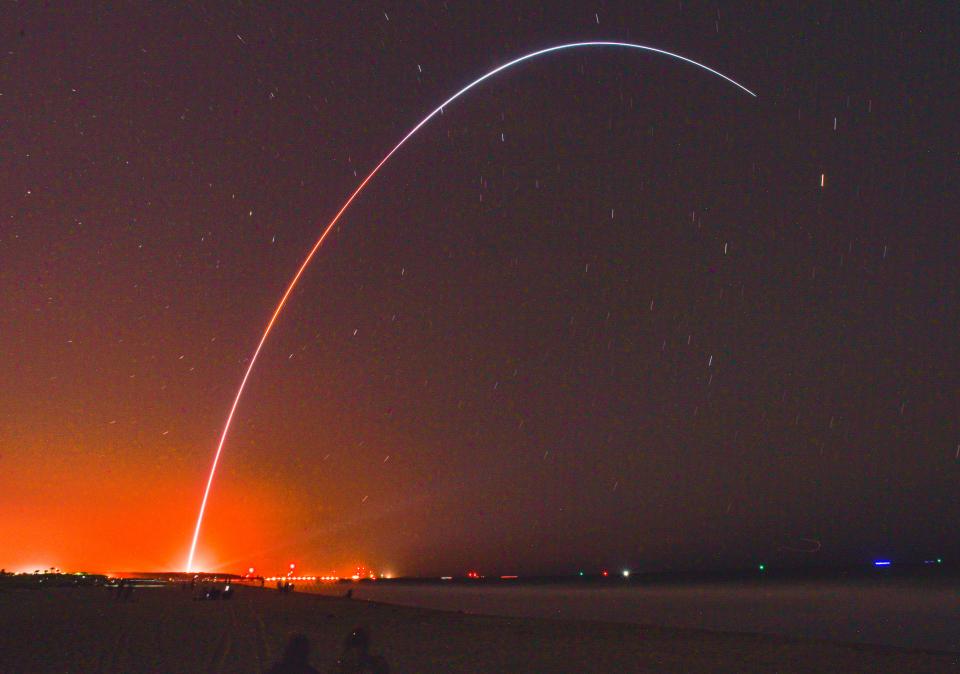 Relativity Space's Terran 1 rocket launches from Launch Complex 16 at Cape Canaveral Space Force Station, Fla., late Wednesday, March 22, 2023. The rocket is made almost entirely of 3D-printed parts.