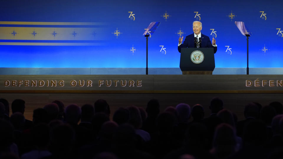 President Joe Biden speaks during an event commemorating the 75th Anniversary of NATO at the Andrew W. Mellon Auditorium on the sidelines of the NATO summit in Washington on Tuesday, July 9, 2024. (AP Photo/Susan Walsh)