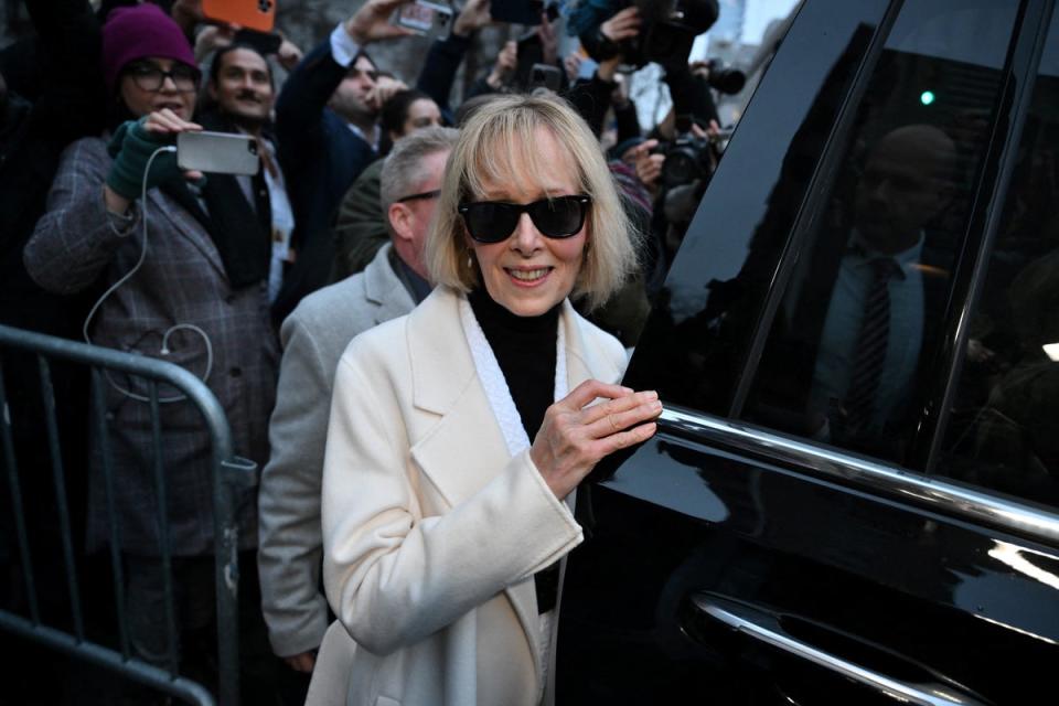 Writer E Jean Carroll leaves federal court after the verdict in her defamation case against former Donald Trump in New York on January 26 2024 (AFP via Getty Images)