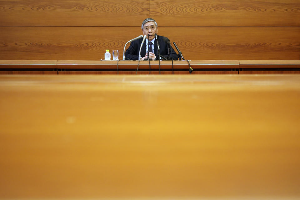 Bank of Japan Gov. Haruhiko Kuroda speaks during a news conference in Tokyo Monday, March 16, 2020. Japan's central bank took emergency action Monday to help support the economy following the U.S. Federal Reserve's decision to cut its benchmark interest rate to nearly 0%. (AP Photo/Eugene Hoshiko)