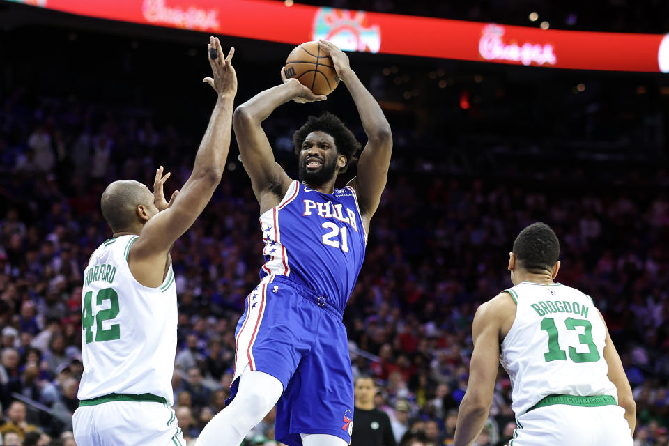 Joel Embiid of the Philadelphia 76ers had a monster game against the Celtics on Tuesday. (Photo by Tim Nwachukwu/Getty Images)