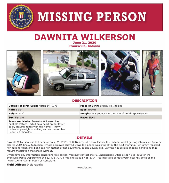 FBI missing person flyer for Evansville woman Dawnita Wilkerson