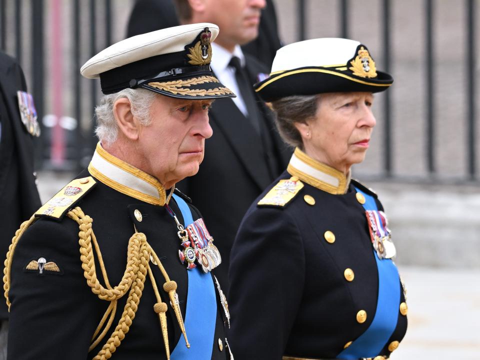 King Charles III and Princess Anne during the funeral of Queen Elizabeth II at Westminster Abbey on September 19, 2022.