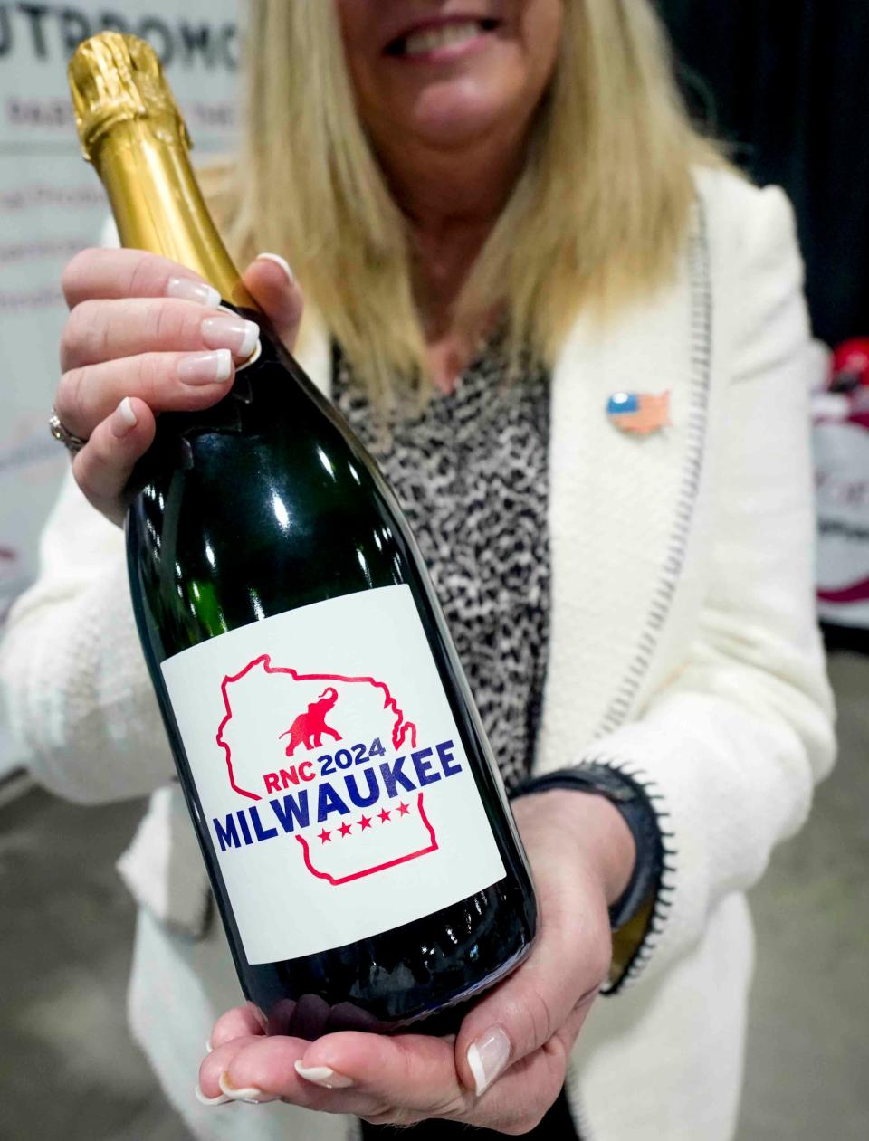 RNC 2024 Milwaukee seen on a bottle of wine during the Convention Partner Fair Wednesday, Aug. 23, 2023, at Baird Center in Milwaukee.