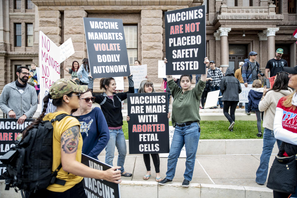 People protest against vaccines in Austin, Texas, on April 18, 2020. (Sergio Flores / Getty Images file)